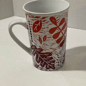 STARBUCKS White, Brown & Orange Autumn/Fall Leaves Tall Ceramic Coffee Mug 11oz